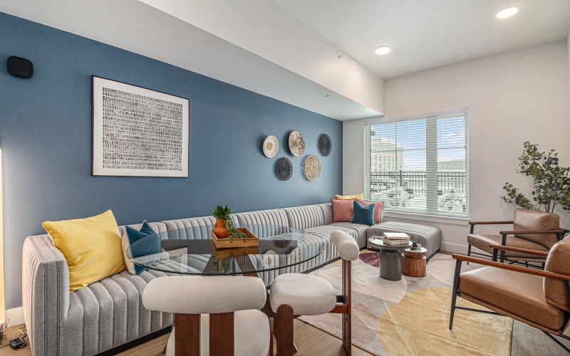 Luxurious living room at The Riv pet-friendly apartment in Denver