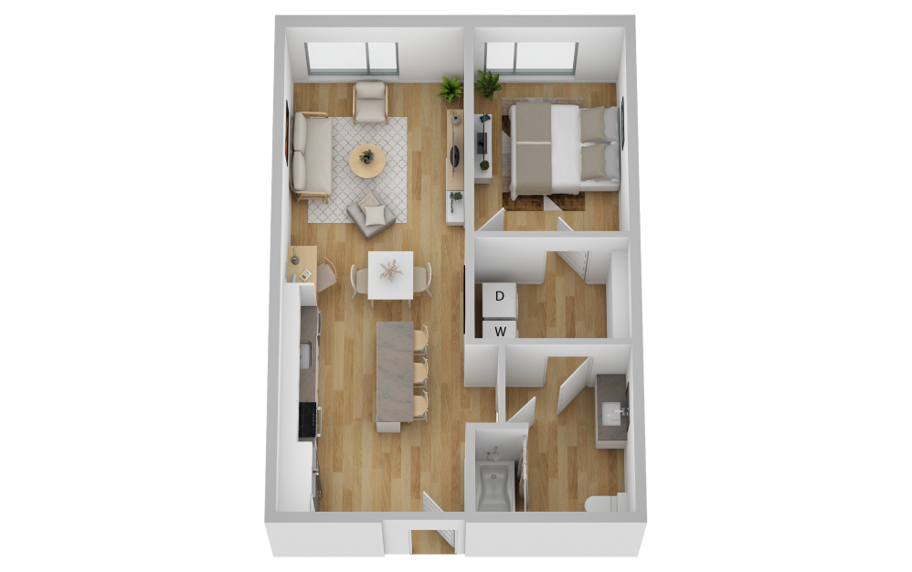 A7 - 1 bedroom floorplan layout with 1 bath and 700 square feet.