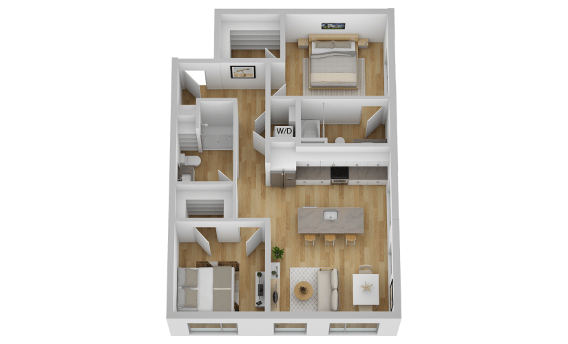 B1 - 2 bedroom floorplan layout with 2 bathrooms and 1004 square feet