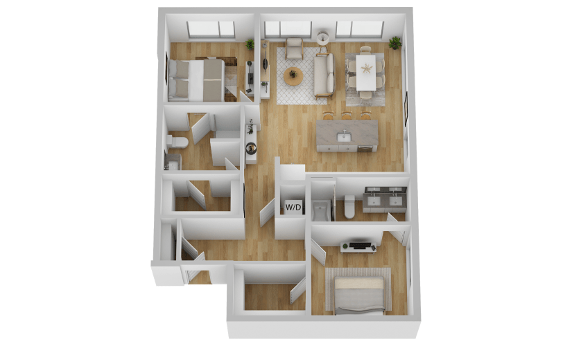 B3 - 2 bedroom floorplan layout with 2 bathrooms and 1115 square feet