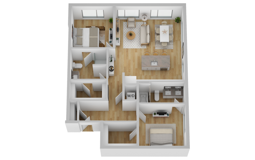 B3 - 2 bedroom floorplan layout with 2 baths and 1115 square feet.