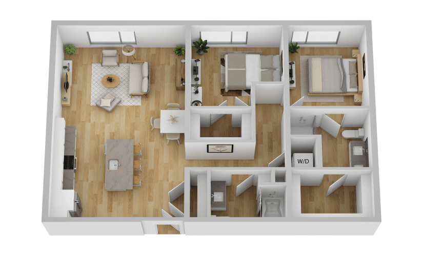 B5 - 2 bedroom floorplan layout with 2 bathrooms and 1221 square feet