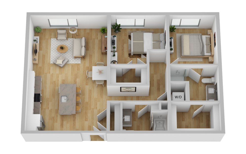 B5 - 2 bedroom floorplan layout with 2 baths and 1221 square feet.