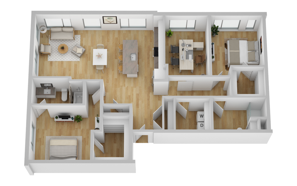 B6 - 2 bedroom floorplan layout with 2 baths and 1523 square feet.